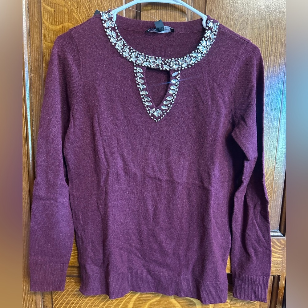 INC International Concepts Wine Jeweled Keyhole Sweater